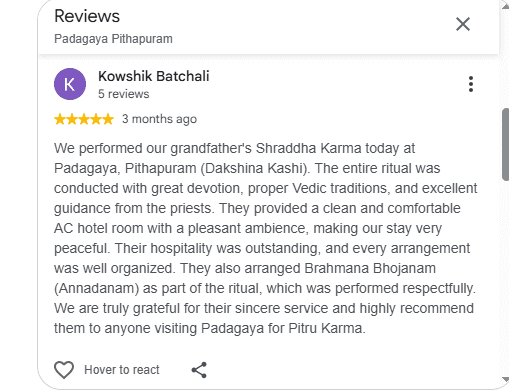 Devotee Kowshik Batchali 5-star Google Review for Shraddha Karma and pilgrimage facilitation at Padagaya Pithapuram